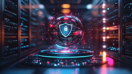 Fototapete - glowing holographic shield symbolizing cybersecurity protection in digital environment. vibrant colors and intricate design evoke sense of advanced technology and security