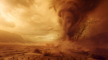Wall Mural - A desert scene with a large cloud of dust and smoke rising from the ground