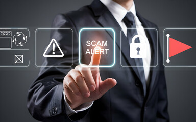 Poster - Scam Alert: Businessman in Suit Activates Security Protocol 