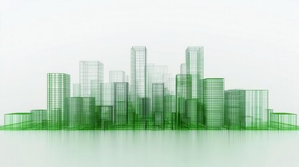 A digital representation of a green city skyline, featuring transparent wireframe buildings against a light background.