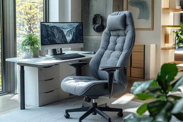 Poster - A grey office chair sits in front of a computer monitor