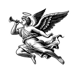Wall Mural - angel flying play trumpet engraving black and white outline