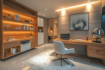 Poster - A modern office space with a white chair and desk, a large globe on the desk