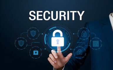 Poster - Cybersecurity Expert:  A businessman activates digital security measures, symbolized by a glowing padlock at the center of a futuristic interface.  The word 