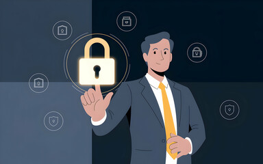 Poster - Cybersecurity Pro: A confident businessman in a suit, confidently activates a glowing digital lock, showcasing a commitment to robust security measures.  
