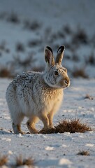 Wall Mural - Winter scene with a mountain hare in the snow.