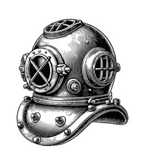 Wall Mural - retro deep sea helmet dive engraving black and white outline