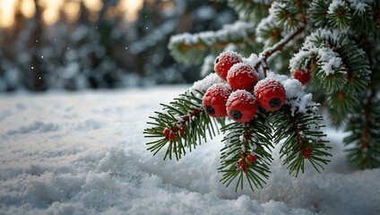 Wall Mural - Winter wonderland scene with a Christmas tree branch, berries, and snow.