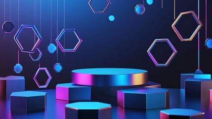 Poster - Modern 3D Podium Surrounded by Colorful Hexagons in Empty Space
