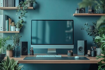 Poster - A computer monitor sits on a desk in front of a wall of plants