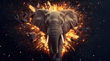 Poster - Powerful Elephant Breaking wall Concept, Elephant Smashing Through an Illuminated Futuristic Scene with Explosive Energy Burst