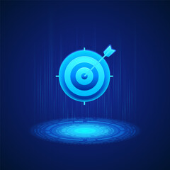 Poster - Business icon of a blue target with concentric circles and an arrow hitting the bullseye. The design is minimalistic and modern, symbolizing precision and goal achievement in a business context