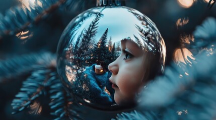 Wall Mural - Reflection of a child decorating a tree in a shiny bauble