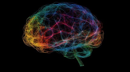 Aufkleber - Colorful Abstract Visualization of a Brain with Interconnected Lines Representing Neural Connections and Thought Processes Against a Black Background