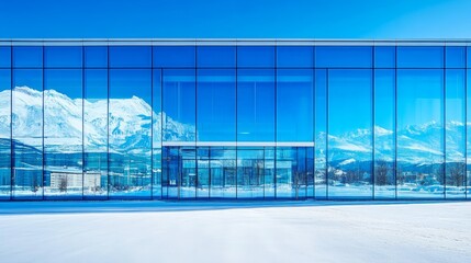 Wall Mural - Modern glass building reflecting snowy mountains.