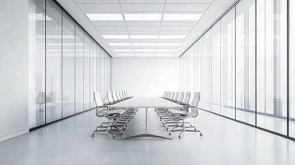 Poster - Large Modern Conference Room with Glass Walls and Minimalist Design Featuring Long Table and Ergonomic Chairs in a Bright Workspace