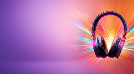 Poster - Headphone Exploding Concept, Vibrant Abstract Depiction of Headphones Exploding with Colorful Light and Energy Effects