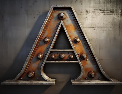 Letter A that is made of metal. It has a lot of bolts and is very old