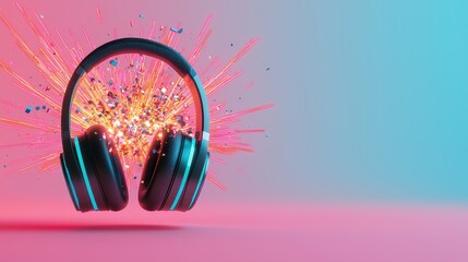 Poster - Headphone Exploding Concept, Vibrant Abstract Sound Explosion with Neon Headphones and Fracturing Visuals