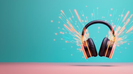 Poster - Headphone Exploding Concept, Abstract Neon Sound Waves Emanating from Headphones in Dynamic Fracturing Design