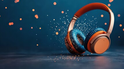 Poster - Headphone Exploding Concept, Close-Up of Headphones Disintegrating into Sparkles on a Vibrant Background