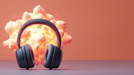 Poster - Headphone Exploding Concept, Exploding Headphones Surrounded by Shockwaves and Radiating Energy on a Warm Background