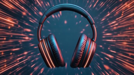 Poster - Headphone Exploding Concept, Dynamic Headphones Surrounded by Colorful Shockwaves in an Eye-Catching Visual Display