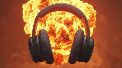 Poster - Headphone Exploding Concept, Exploding Headphones with Sound Shockwaves and Distorting Effects in Dramatic Background
