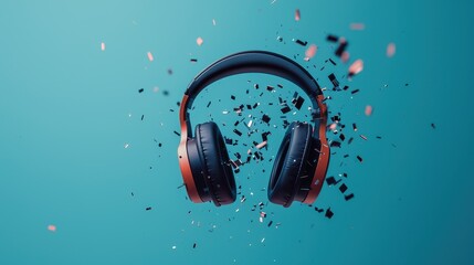 Poster - Headphone Exploding Concept, Headphones Breaking Apart with Digital Particles in a Vibrant Background