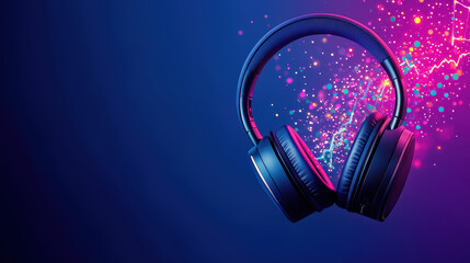 Poster - Headphone Exploding Concept, Colorful Fusion of Sound with Headphones Bursting in Vibrant Visuals