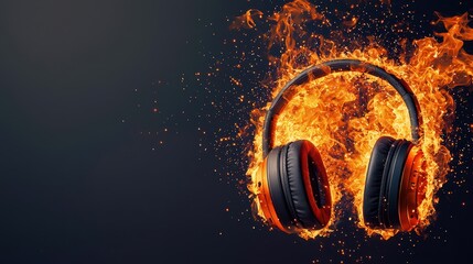 Poster - Headphone Exploding Concept, Headphones Surrounded by Fiery Energy and Shards in an Explosive and Dynamic Display