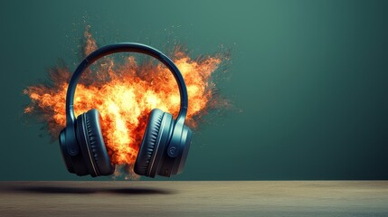 Poster - Headphone Exploding Concept, Intense Headphones Emitting Fiery Explosion with Dynamic Visual Effects in Background