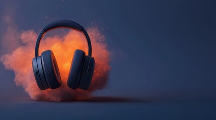 Poster - Headphone Exploding Concept, Headphones Erupting into a Cloud of Glowing Dust in a Captivating Visual Display