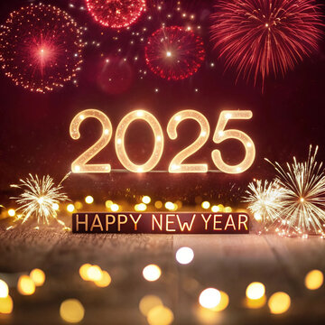 happy new year 2025 3d text bokeh background