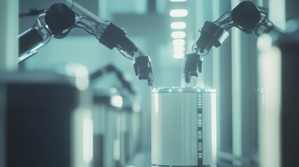 Poster - Advanced Robotic Arms Performing Precision Tasks in a Futuristic Industrial Environment with Clean and Modern Aesthetic