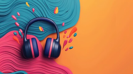 Poster - Headphone Exploding Concept, Dynamic Waves of Colorful Liquid with Headphones on Vibrant Background