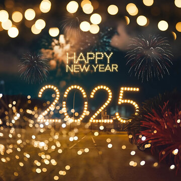 happy new year 2025 3d text bokeh background