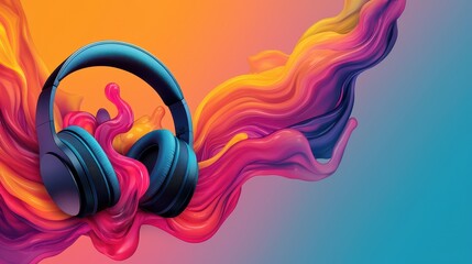 Poster - Headphone Exploding Concept, Dynamic Waves of Liquid Colors Surrounding Modern Headphones in Vibrant Abstract Design