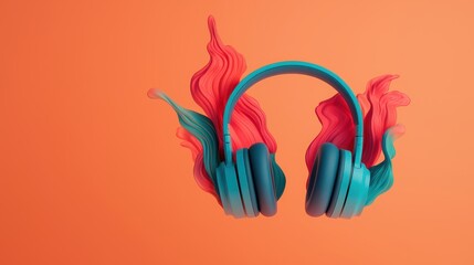 Poster - Headphone Exploding Concept, Dynamic Headphones with Exploding Waves of Liquid Colors on a Vibrant Orange Background