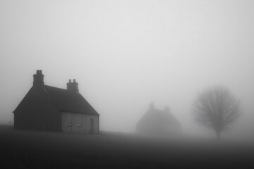 Two old cottages and a bare tree are barely visible in the distance, shrouded by a thick fog that creates a gloomy and mysterious atmosphere