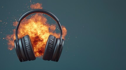 Poster - Headphone Exploding Concept, Headphones with Explosive Fiery Graphic Representing Thunderous Sound Effects and Vibes