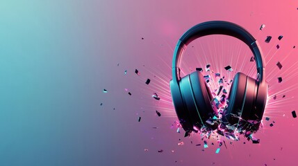 Poster - Headphone Exploding Concept, Vibrant Symphony of Shattering Headphones in a Dynamic Glow of Colors