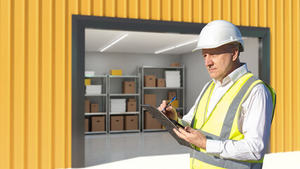 Poster - Storage unit behind man. Manager is standing near warehouse. Storage unit for industrial company. Man in official uniform works in warehouse. Storekeeper makes note on clipboard. Warehouse business