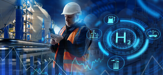 Poster - hydrogen power plant employee. man on territory of innovative manufactory. h2 logo near engineer wit