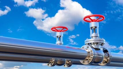 Poster - oil pipeline. steel pipes with red valve. pipeline for import of petroleum products. gas pipes under