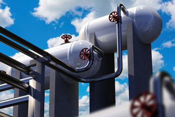 Poster - oil and gas equipment. fuel tanks on concrete supports. gas storage tanks under blue sky. equipment 