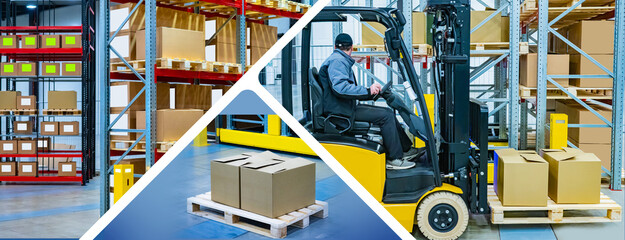 Poster - Warehouse logistics. Cardboard boxes on pallet. Man operates forklift. Warehouse with addressable storage system. Logistics center. Fulfillment business. Warehouse collage. Distribution center