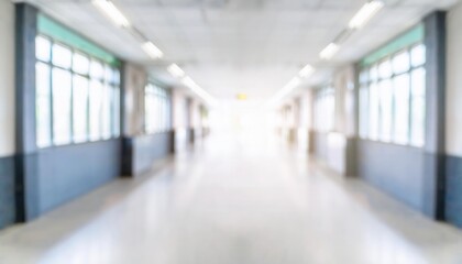 Poster - Abstract blurred modern office corridor or hospital hallway with large glass windows and bright sunlight, representing workplace organization, healthcare environment, or minimalistic design