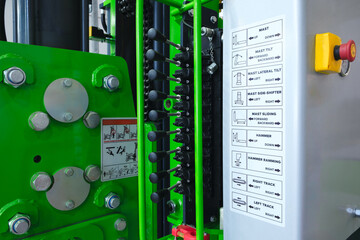 Poster - A green machine with a black and white label on it. The label has a list of instructions and a warning