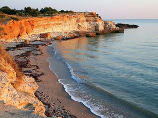 Sticker - Secluded beach cove at sunset, gentle waves caressing vibrant rocks, warm tones shimmering on tranquil waters.